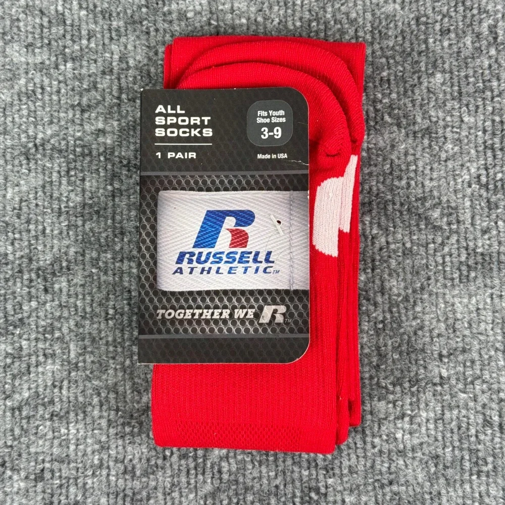Russell Athletic Socks Youth Size 3-9 All Sport Red‎ White Baseball USA Made NEW